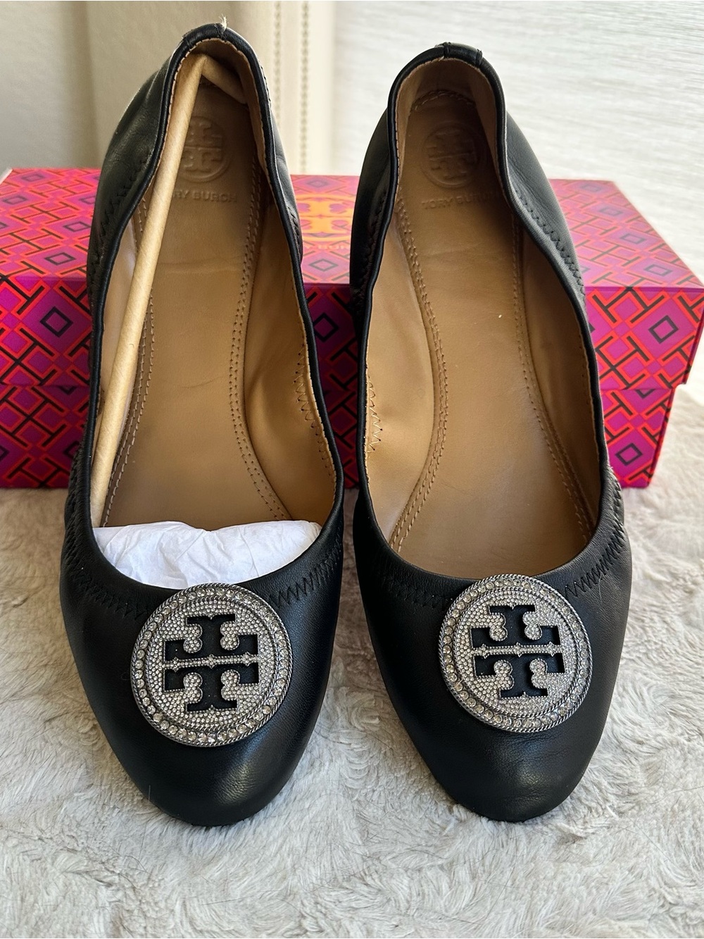 Tory Burch Liana Ballet Flats Size 9.5 Black Nappa Leather Crystal Logo